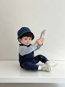 SHEIN 男婴蓝色休闲字母刺绣连体裤，适合周末外出、休闲居家时光、家庭聚会 - 藍色 - 查看 5