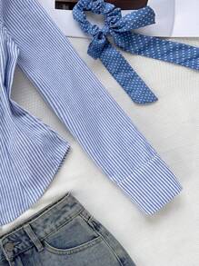 Teen Girls Blue & White Striped Button-Up Embroidered Long Sleeve Blouse, Striped, Preppy, Casual, Back To School/Halloween,Glowmode,Fall,Winter,Autumn