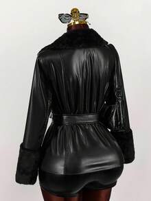Amplova 纯色毛领拼接PU腰带PU夹克 - 黑色 - 查看 7