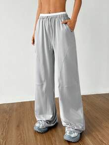 Dewbera Pantalon de yoga large avec poches pour femmes, design minimaliste - Gris - Voir 4