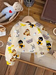 LOONEY TUNES X SHEIN 男婴圆领长袖杏色和米色舒适休闲卡通可爱英文字母印花图案卫衣 - 白色 - 查看 2