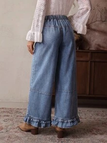 EMERY ROSE Women's Loose Casual Flared Jeans With Pockets And Ruffle Hem - Blue - View 2