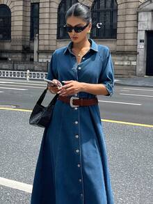 DAZY 女式夏季泡泡袖翻领收腰牛仔连衣裙 - 藍色 - 查看 6