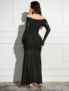 Modelyn Đầm dài ôm sát hở vai màu trơn dành cho nữ - màu đen - Xem 3