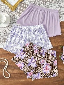 Snug Zone 3pcs Women Floral Ruffle Trim Tie Waist Pajama Set - Purple - View 2