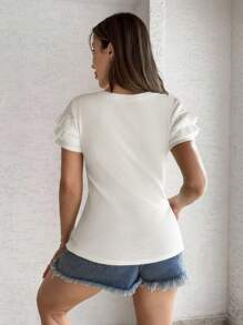 EURMUSE Women Ruffle Detailed Short Sleeve Rib Body Tshirt Cotton - White - View 2