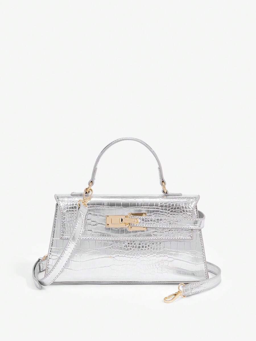 SHEIN BAE 时尚高端金属鳄鱼压纹迷你手提包 - 銀色 - 查看 1