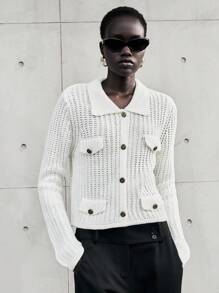 Lumivelle Chaqueta casual de manga larga con botones metálicos decorativos de unicolor - Blanco - Ver 6