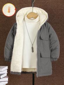 1 szt. chłopięca kurtka polarowa z kapturem w kolorze szarym i beżowym, z ozdobną kieszenią z przodu, prosta i modna, odpowiednia dla chłopców w wieku 4-7 lat, do codziennego noszenia