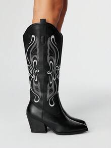 ROMWE Fairycore Damen Spitzschuh Plateau-Absatz Stickerei Western Cowboy Stiefel, Lederobermaterial, kniehohe Länge, Outdoor Mode, Herbst/Winter