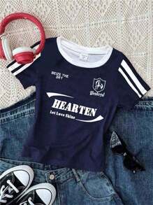 SHEIN Leap Crew 青少年女孩修身休闲简约舒适圆领修身长袖 T 恤，适合夏季 - 彩色 - 查看 2