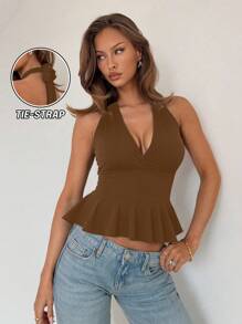 Rafferiza Women's V-Neck Ruffle Trim Sleeveless Camisole Top, Fitted Waist, Suitable For Spring, Music Festivals - Coffee Brown - View 1