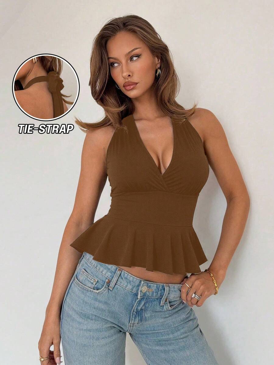 Rafferiza Women's V-Neck Ruffle Trim Sleeveless Camisole Top, Fitted Waist, Suitable For Spring, Music Festivals - Coffee Brown - View 1