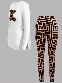 SHEIN Conjunto de camiseta de manga larga con cuello redondo y pantalones cómodos y minimalistas para adolescentes - Blanco - Ver 4