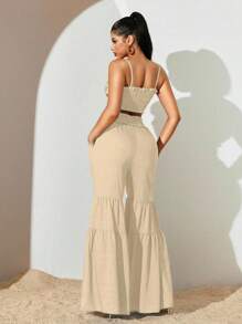 Sirith Conjunto de 2 piezas de camiseta de tirantes con volantes y pantalones anchos de patchwork de unicolor para mujer, conjunto de verano, traje casual de mujer, ropa de vacaciones de verano