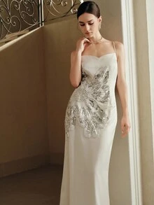 Anewsta 女士时尚性感细肩带露背铆钉串珠优雅派对连衣裙 - 白色 - 查看 6