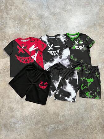 Set de 6 piezas Conjunto informal de calle para niño preadolescente con camiseta de cuello redondo con efecto teñido anudado y gráficos de grafiti + pantalones cortos, adecuado para ir y venir, la escuela, casual, deporte, primavera/verano