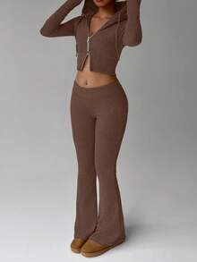 FavEase Áo nỉ có mũ trùm đầu dệt kim họa tiết lông cừu màu mơ có khóa kéo phía trước và quần dài ống loe cổ điển, Bộ trang phục thể thao giản dị tối giản phù hợp cho tủ đồ mùa xuân thu dành cho nữ - Cà phê nâu - Xem 7