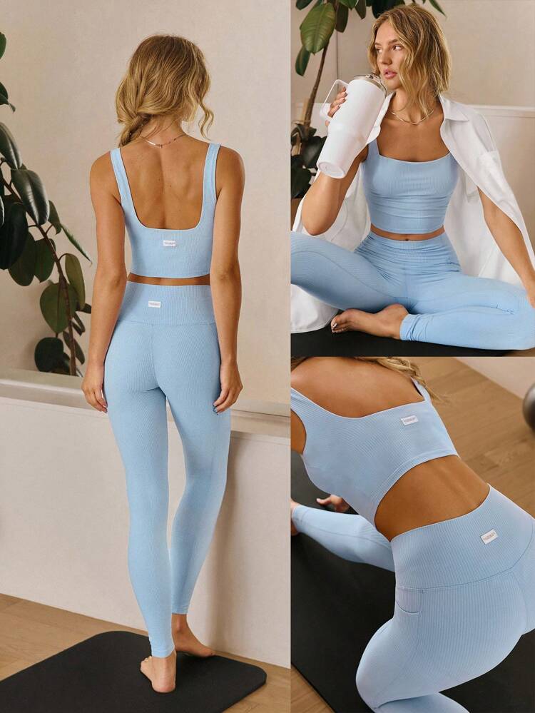 Legginsy FeatherFit™ z prążkowanymi nogawkami, bez szwów z przodu, kieszenie boczne, legginsy z wysokim stanem, do jogi i pilatesu o niskim wpływie, codzienne, codzienne ubranie