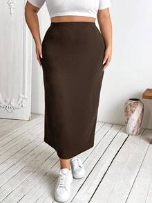 SHEIN CURVE+ 大码女式黑色针织弹力紧身及膝裙 - 棕色 - 查看 6