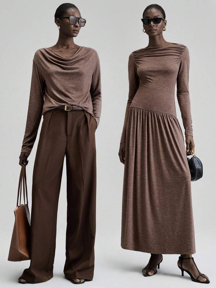 2025 Women's Spring/Summer Minimalist Fashion, Urban Commute, Elegant Simplicity, Teacher's Day Outfit, Casual Solid Color Pleated Maxi Dress