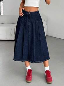 EURMUSE Solid Color Slant Pocket Fold Pleated Denim Midi Skirt Raw Wash - Dark Wash - View 5