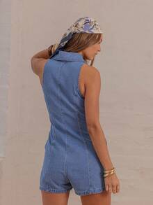 Aralina 夏季/冬季/秋季牛仔无袖彼得潘领连体裤，完美搭配夏季度假装或海滩度假装和 Y2K 斯德哥尔摩风格 - 中等水洗藍 - 查看 3
