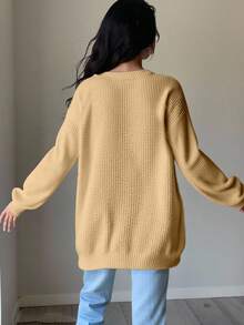 Tween Girl Solid Color Knitted Cardigan Fall Winter - Khaki - View 2