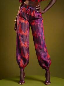 NYA SZN Spodnie Kami z wysokim stanem, ściągaczem, nadrukiem i siateczką, skromne, na specjalne okazje, na wesele, wieczór, urodziny, kościół, siateczka, jesienne stylizacje dla kobiet - Pomarańczowy - Zobacz 6