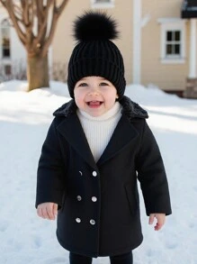 SHEIN Baby Boys' Winter Long Sleeve Double-Breasted Solid Color Fur Collar Mid-Length Coat, Fashionable And Versatile Style, Suitable For Outdoor Travel, Camping, And Home Wear Baby Boy Pom Pom Hat Baby Boy Black Coat Toddler Black Winter Outfit Toddler Winter Coat Baby Boy Winter Clothes Fall