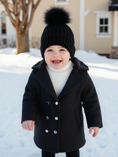 Souflis Souflis Baby Boys' Winter Long Sleeve Double-Breasted Solid Color Fur Collar Mid-Length Coat, Fashionable And Versatile Style, Suitable For Outdoor Travel, Camping, And Home Wear Baby Boy Pom Pom Hat Baby Boy Black Coat Toddler Black Winter Outfit Toddler Winter Coat Baby Boy Winter Clothes Fall