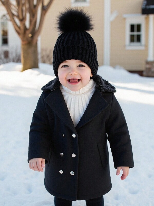 SHEIN Baby Boys' Winter Long Sleeve Double-Breasted Solid Color Fur Collar Mid-Length Coat, Fashionable And Versatile Style, Suitable For Outdoor Travel, Camping, And Home Wear Baby Boy Pom Pom Hat Baby Boy Black Coat Toddler Black Winter Outfit Toddler Winter Coat Baby Boy Winter Clothes Fall
