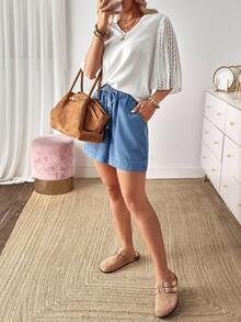 EMERY ROSE Women's Casual Washed Denim Shorts, Casual Street Patchwork Pocket Loose Wide Leg Jeans Women Jeans Baggy Loose Jeans Barrel Leg/Barrel-Leg Jeans Old Money Style - Blue - View 7