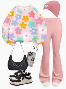 SHEIN 柔和的淡粉色，可爱甜美的多巴胺花朵图案，青春期女孩休闲宽松圆领运动衫和喇叭裤套装，适合秋冬季，秋季服装，轻松舒适，适合青春期女孩的秋季分层服装，时尚青春期女孩，休闲装，青春期女孩图案服装，返校，秋季服装 - 彩色 - 查看 5