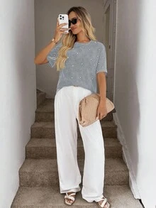 EURMUSE Áo thun trơn màu trơn vai trễ cỡ lớn đính sequin - Màu xanh nhạt - Xem 5