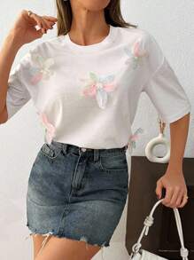 EURMUSE 花卉贴花短袖 T 恤 夏季季节性图案 T 恤 女式上衣