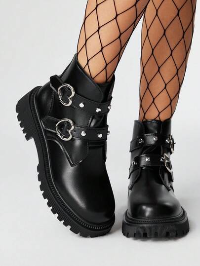 Women Gothic Punk Metal Rivets Heart Buckle Hook And Loop Strap Platform Heeled 5cm Fashion Casual Short Boots, PU Leather, College Style