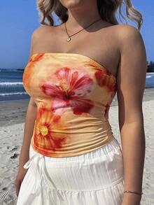 SHEIN EZwear 女士休闲简约度假热带花卉印花橙色抹胸短款上衣，适合夏季 - 白色 - 查看 5