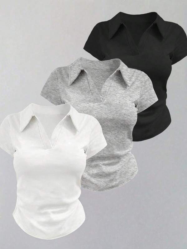 INAWLY T-shirt casual à manches courtes de couleur unie, grande taille, été