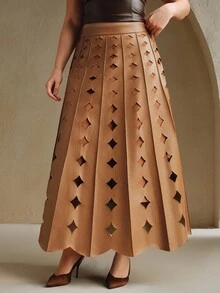 Anewsta Váy da PU màu nâu nhạt dáng rộng dáng chữ A cho nữ cỡ lớn mùa thu và đông phong cách cổ điển, thanh lịch, đơn giản, hiện đại và thời trang đi làm đi chơi đi làm - Cà phê nâu - Xem 3