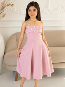 SHEIN فستان أنيق ملائم للبنات المراهقات، بتصميم موجز عصري مزين باللؤلؤ، مع تكسير الخصر على شكل حرف A باللون الوردي، مناسب للحفلات