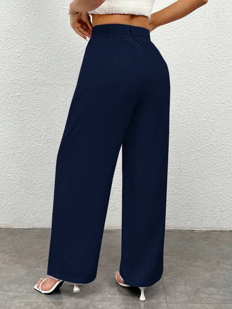 SHEIN PETITE Pantalones anchos de unicolor informal para mujeres - Azul Marino - Añade 2