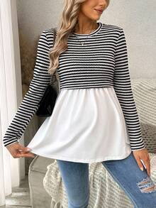 SHEIN Striped Contrast Color Casual Maternity Long Sleeve Round Neck T-Shirt - Black and White - View 7