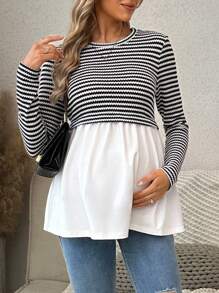SHEIN Striped Contrast Color Casual Maternity Long Sleeve Round Neck T-Shirt - Black and White - View 8