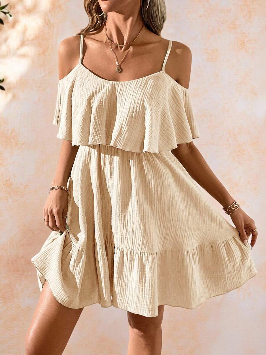 SHEIN Clasi Women's Elegant Romantic Solid Green Fabric Texture Ruffle Ruffle Hem Slip Dress, Spring/Summer Holiday,Summer Dresses For Women - Apricot - View 1