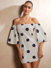 L'Amorae Off-Shoulder Polka Dot Print Mini Dress