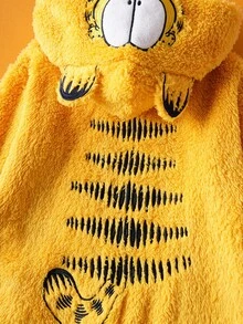 GARFIELD | SHEIN Young Boy Cute 3D Ear Cartoon Embroidery Hooded Long Sleeve Plush Yellow Pajamas Jumpsuit