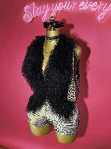 Slaydiva 2025春夏新款波西米亚音乐节,乡村风,洋气,海边度假,休闲,前卫,派对,可爱甜美,千禧一代,Y2k,性感火辣女孩,黑色皮草,毛绒材质,露背,露背,系带,无袖,超短背心,搭配豹纹,斑马纹,卡其棕色闪亮弹力针织紧身衣,修身,超短裤,热裤,女士两件套-B - 彩色 - 查看 1