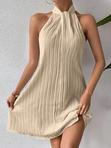 SHEIN Clasi Elegant Sleeveless Ribbed Fabric Women's Dress With Stand Collar