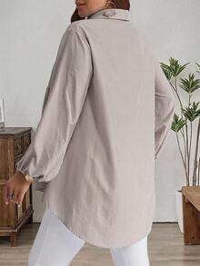 EMERY ROSE 大码冬季女式休闲条纹灯笼袖衬衫，秋季度假女装/女士秋季度假装 - 棕色 - 查看 2